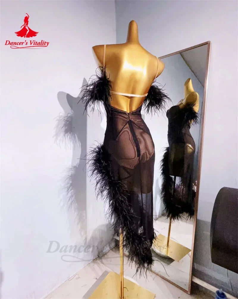 Latin Dance Professional Dress for Women Custom Senior AB Stones Feather Rumba Chacha Performance Skirt Adult Child Latin Dress