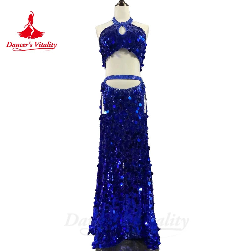 Belly Dance Costume for Women Customsized Big Sequins Top+split Long Skirt 2pcs Customsize Adult Child Oriental Professional Set