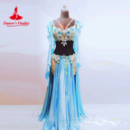 Belly Dance Perpormance Costume Suit for Women Senior AB Stones Bra+satin Split Long Skirt 2pcs Oriental Belly Dancing Outfit