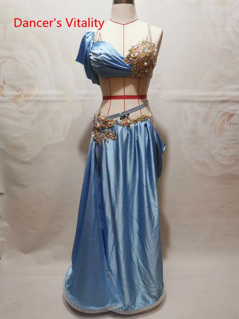 Belly Dance Performance Costume Set for Women Customized Hand Made Stones Bra+split Stain Skirt 2pcs Female Oriental Dance Wear