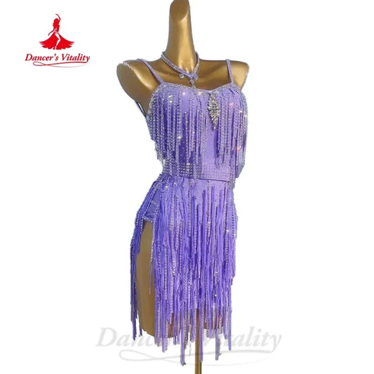 Latin Dance Performance Costumes for Women Customized High-end Luxury Full Diamond Fringe Dress Children Latin Dance Dresses