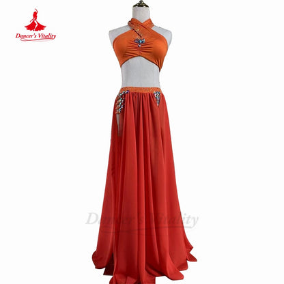 Bellydance Costume Senior AB Stones Bra+split Chiffon Long Skirt 2pcs for Women Customzied Oriental Belly Dancing Wear Suit