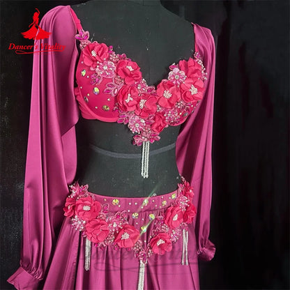 Belly Dance Performance Costume Set for Women Customsized Long Sleeves Bra+satin Long Skirt 2pcs Adult Children Bellydance Suit