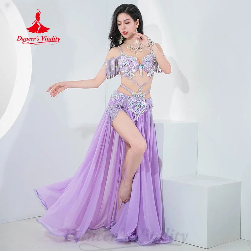 Belly Dance Performance Set Exquisite Pearl Bra+Tassel Chiffon Long Skirt 2pcs Adult Women's Oriental Dance Competition Costumes