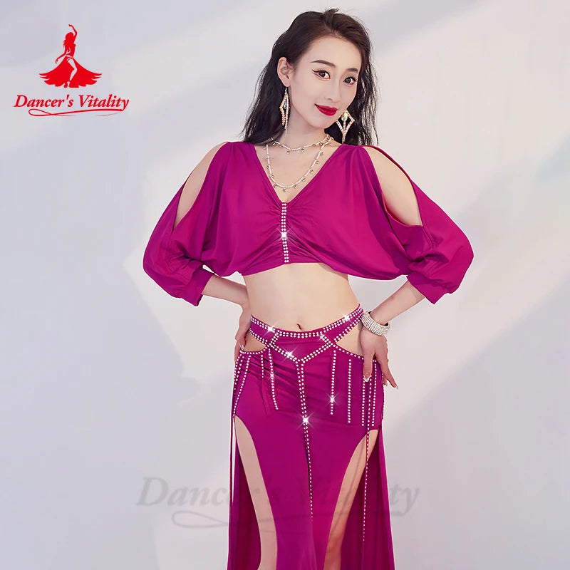 Belly Dance Performance Costume Set Women Half Sleeves Top+AB Stones Long Skirt 2pcs for Girl's Oriental Belly Dancing Outfit