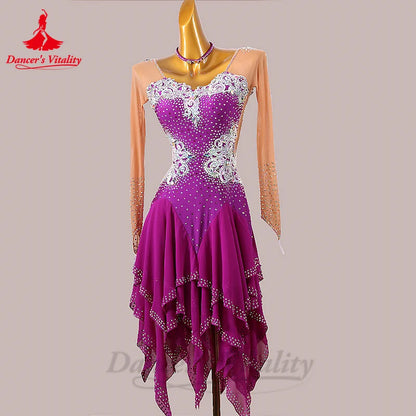 Latin Dance Fringe Dress for Women Seinor AB Stones Rumba Chacha Tango Tassel Skirt Costume Customsize Adult Child Latin Dresses