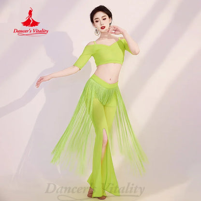 BellyDance Practice Set Women's Customized Half Sleeved V-neck Top+Tassel Split Pants 2pcs Oriental Dance Performance Clothing