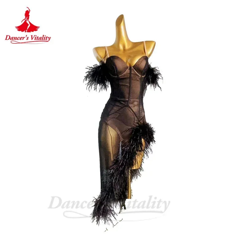 Latin Dance Professional Dress for Women Custom Senior AB Stones Feather Rumba Chacha Performance Skirt Adult Child Latin Dress