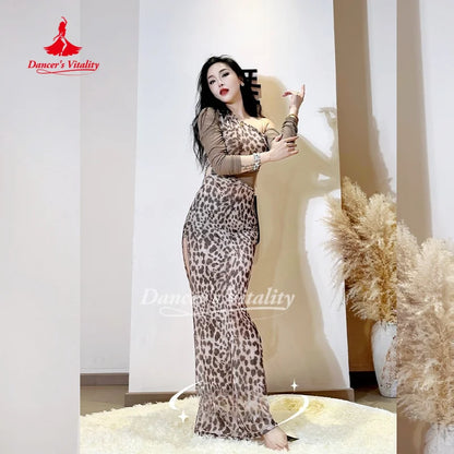 Belly Dancer Costume Women's Sexy Leopard Print Slant Shoulder Dress Adult Oriental Dancing Practice Dresses Dancer's Vitality