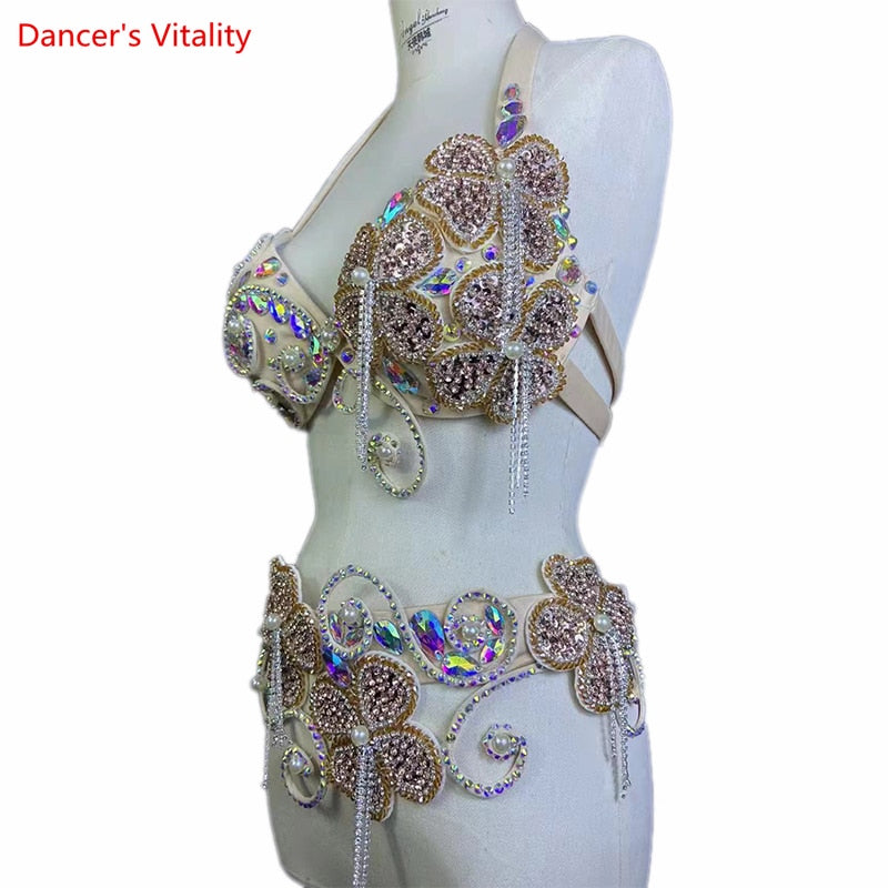 Belly Dance Costume Suit Women Customsized Hand Made Bra+belt 2pcs Girl's Oriental Belly Dancing Belt Competitoin Suit