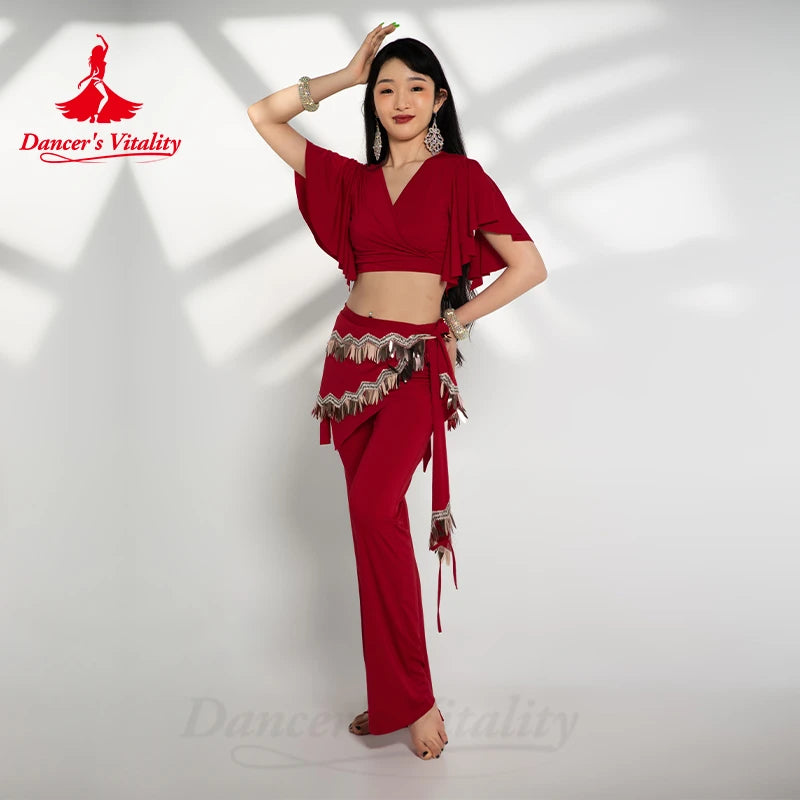 Belly Dance Costume Set for Women Short Sleeves Top+cotton Split Trouses 2pcs Oriental Belly Dancing Professional Outfit