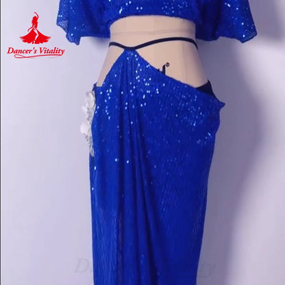 Belly Dance Costume Suit Women's Customized V Neck Short Sleeved Top+Split Long Skirt 2ps Oriental Dance Performance Costumes