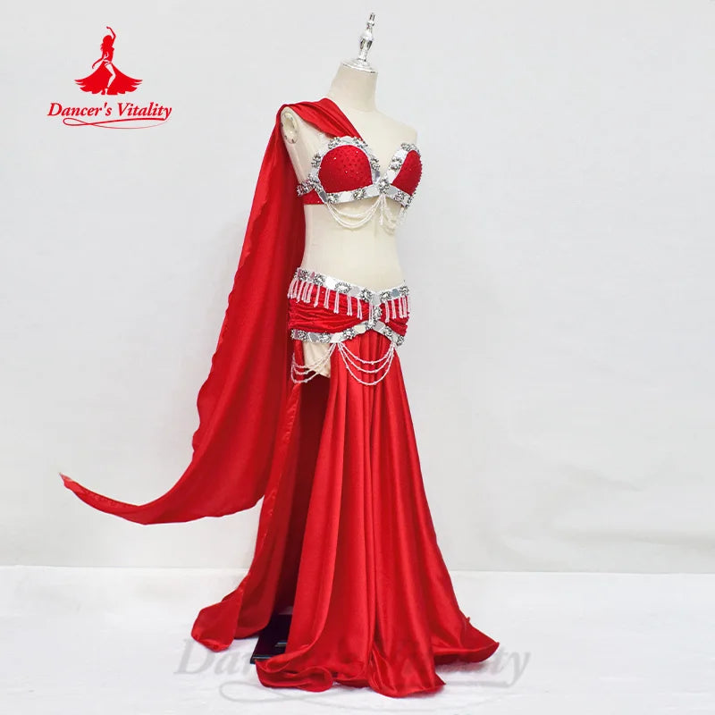 Belly Dancing Performance Costume Women Customized Senior AB Stones Bra+tassel Satin Long Skirt 2pcs Oriental Dance Outfit Suit