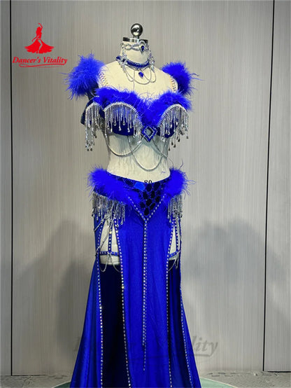 Belly Dance Costume Suit  Customized Feathers Tassels Bra+diamond Long Skirt Oriental Dance Professional High End Dance Skirt