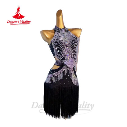 Latin Dance Performance Fringe Dress for Women AB Stones Rumba Chacha Tango Competiton Costume Custom Adult Child Latin Skirt