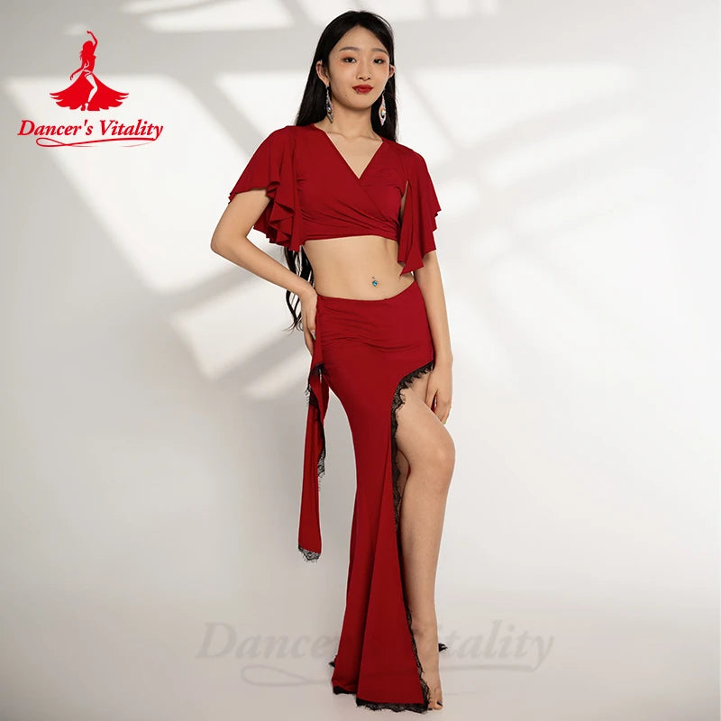 Belly Dancer Costumes for Women Short Sleeves Top+lace Edg Long Skirt 2pcs Adult Lady Oriental Belly Dancing Wear Outfit belly dancer outfit belly dance skirt belly dance