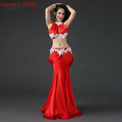 Belly Dance Professional Costume Suit Bra+Satin Long Skirt 2pcs Customzied for Women Oriental Belly Dancing Competiton Clothing