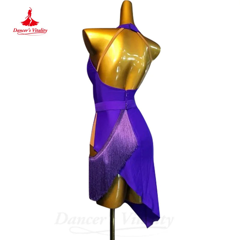 Latin Dance Practice Costume Customized Customized V-neck Sexy Backless Tassel Dress Women Tango Rumba Samba Competition Dresses