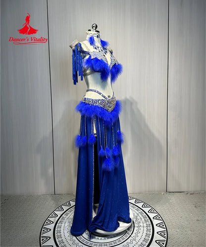 Bellydance Clothing Women's Customized Diamond Bra+feathers Tassels Skirt Set Oriental Dance Professional Performance Clothing