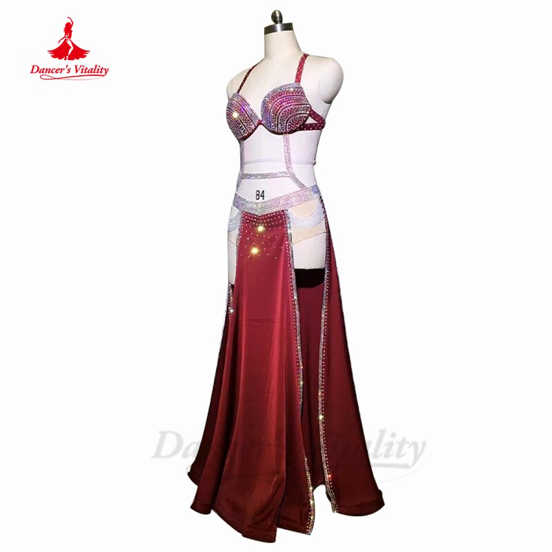 Belly Dance Clothing Performance Clothing Hanf Made Full Stones Bra+split Long Skirt 2pcs Customization Child Adult Dance Outfit