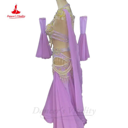 Belly Dance Costume Set High-End Custom Seinor Stones Bra+long Skirt+Sleeves 3pcs Female Oriental Belly Dancing Performance Suit