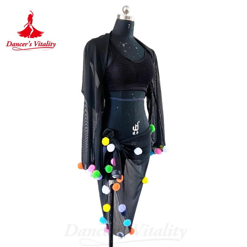 Belly Dance Costume Suit Customized Cotton Yarn Shawl+vest+Small Colored Ball Hip Scarf  3ps Oriental Dance Performance Costumes