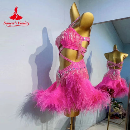 Latin Dance Performance Costumes Customization Senior Feather Rhinestone Fringe Dress Tango Chacha Samba Competition Dresses