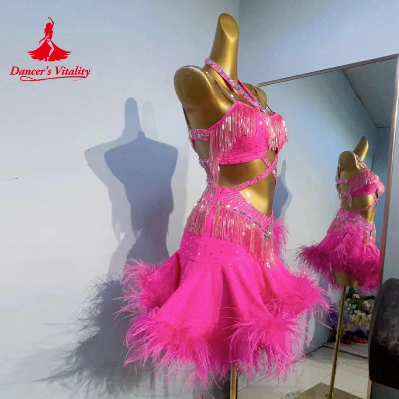 Latin Dance Performance Costumes Customization Senior Feather Rhinestone Fringe Dress Tango Chacha Samba Competition Dresses