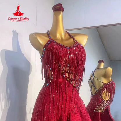 Latin Dance Performance Costume Customized Luxury Full Diamond Tassel Dress Adult Children Tango Rumba Samba Competition Dresses