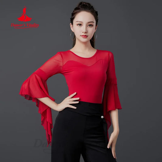 Latin Dancing Costumes Women's Customization Comfortable and Slimming Flared Sleeve Top Chacha Tango Rumba Practice Clothes