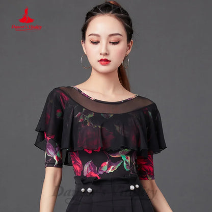 New Latin Dance Practice Clothing Customized Rose Print Half Sleeve Top Tango Chacha Samba Professional Performance Costumes