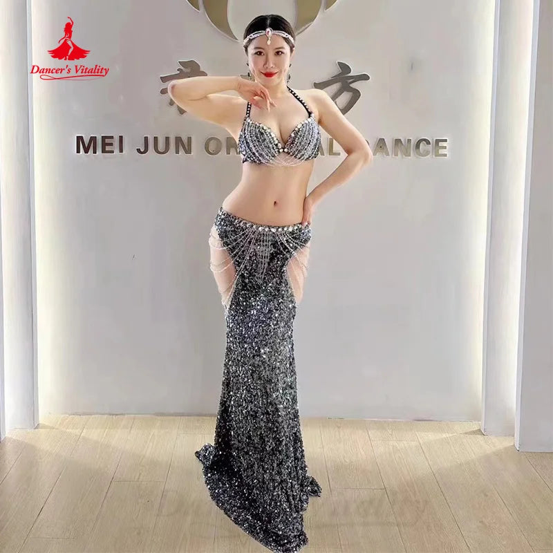 BellyDance Costume Customized Luxury Rhinestones Bra+Sexy Sequin Long Skirt Set Oriental Dance Professional Performance Clothing