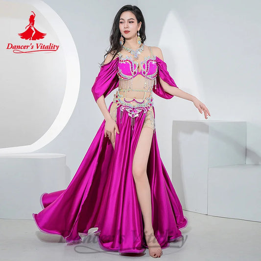 BellyDance Costumes Suit Women's Customized Diamond Tassels Bra+Satin Split Long Skirt 2pcs Oriental Dance Performance Costumes