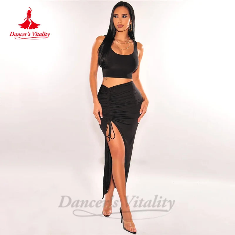 Belly Dance Costume Set for Women Cotton Sleeveless Top+split Long Skirt 2pcs Sexy Oriental Belly Dancing Practice Clothes Suit