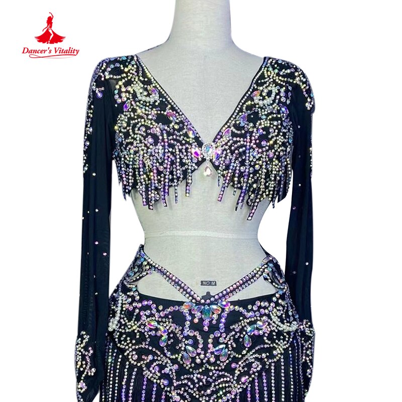 Belly Dance Costume Suit Customsized Mesh AB Stones Long Sleeves Top+tassel Short Skirt 2pcs Belly Dancing Performance Outfit