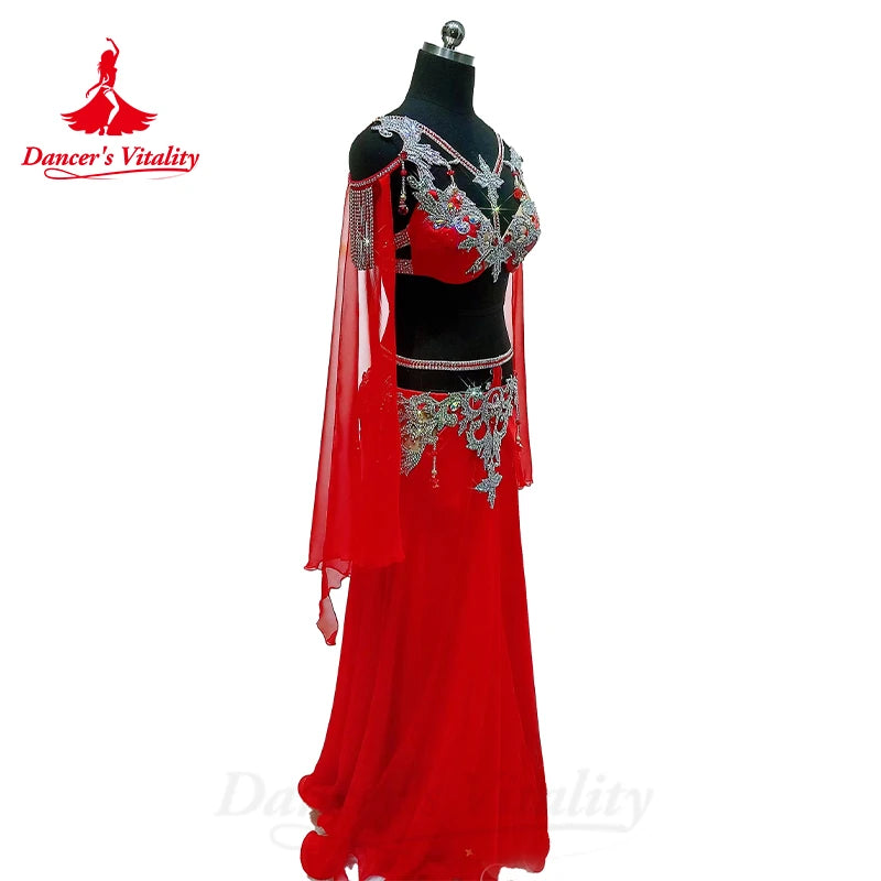 Belly Dance Performance Suit for Women Senior Stones Bra+customized Chiffon Long Skirt 2pcs Oriental Dance High End Dance Skirt