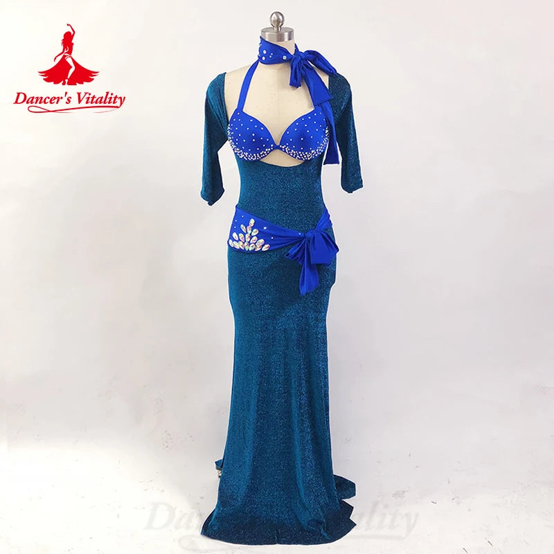 Belly Dance Costume Suit Customized AB Stones Bra+Wrapped Buttocks Fish Tail Long Skirt 2ps Oriental Dance Performance Costumes