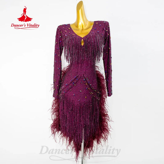 Latin Dance Fringe Dresses Customized Luxury Full Diamond Feather Backless Dress for Adult and Children's Performance Costumes