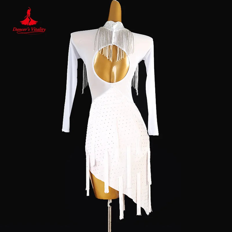 Latin Dancing Dresses Customized Senior AB Stones Fringe Dress Adult Children Tango Chacha Professional Performance Costumes