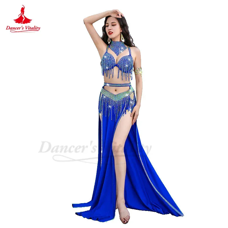 Belly Dance Performance Costume Suit Women Children Customsized AB Stones Bra+necklace+split Long Skirt 3pcs Bellydance Outfit