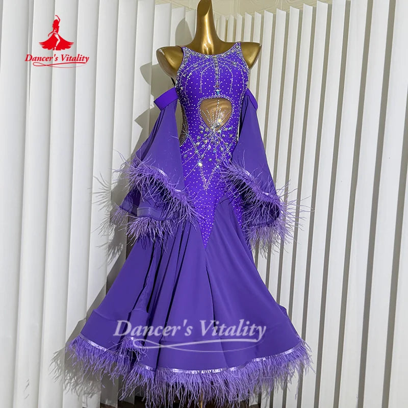 Social Dance Costume Women Customized High End Luxury AB Stones Feather Waltz Foxtrot Performance Clothing Dancer's Vitality