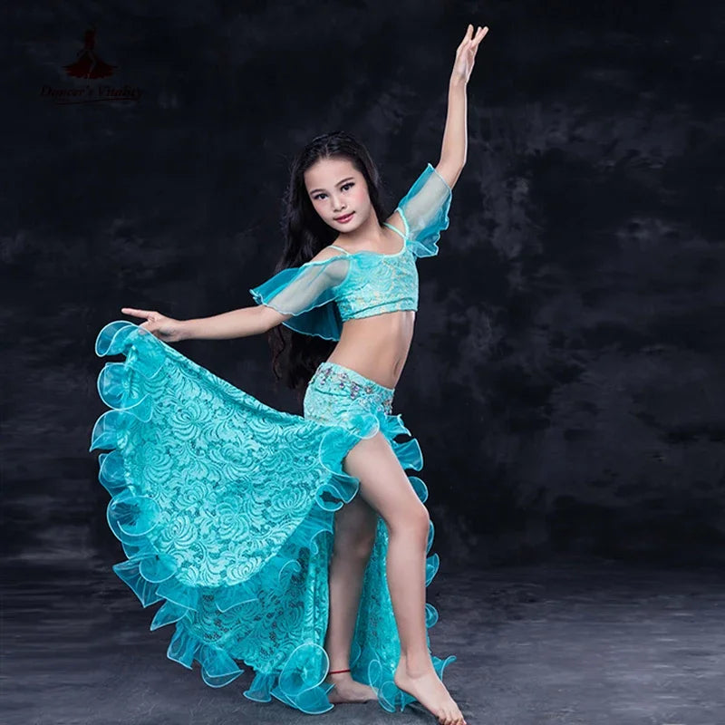 Girls Professional belly dancing clothes luxury sleeveless top+lace split sirt 2pcs child dance set kids belly dance suit SML