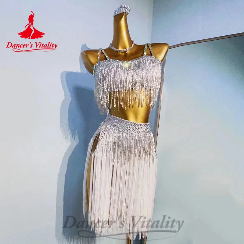 Latin Dance Costumes Set Customized Light Luxury Hot Diamond Top+Tassel Short Skirt 2pcs Tango Chacha Rumba Performance Costume