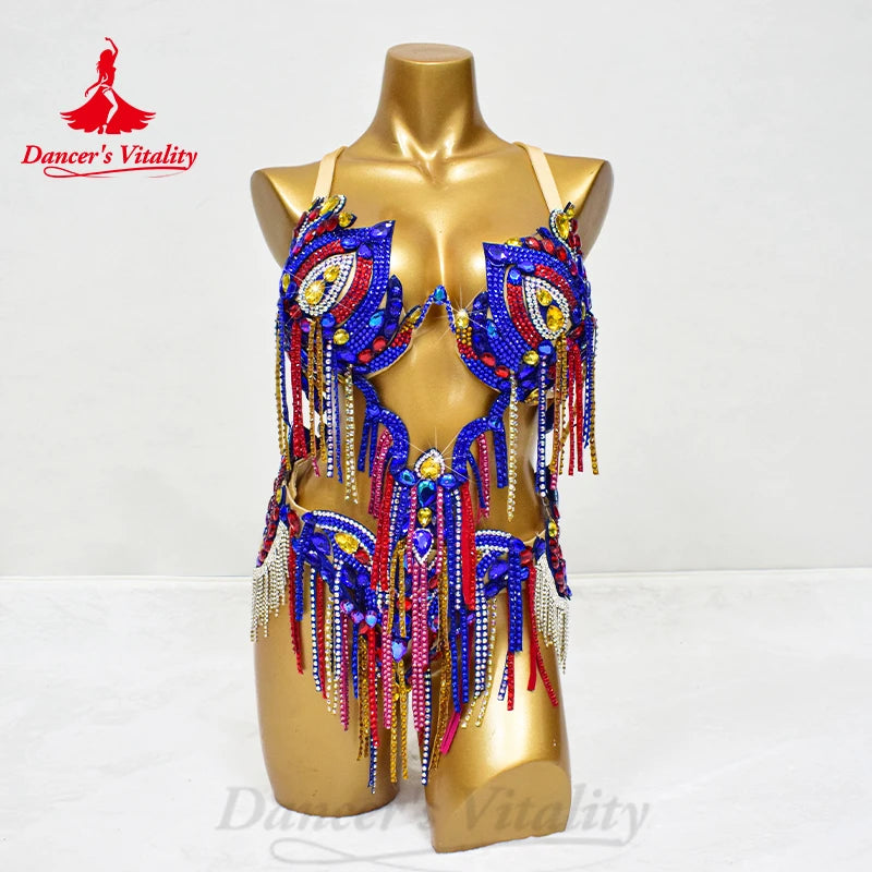 BellyDance Costume Set Customized Luxury Rhinestone Bra+Sexy Split Chiffon Long Skirt 2pcs Oriental Dance  Performance Clothing