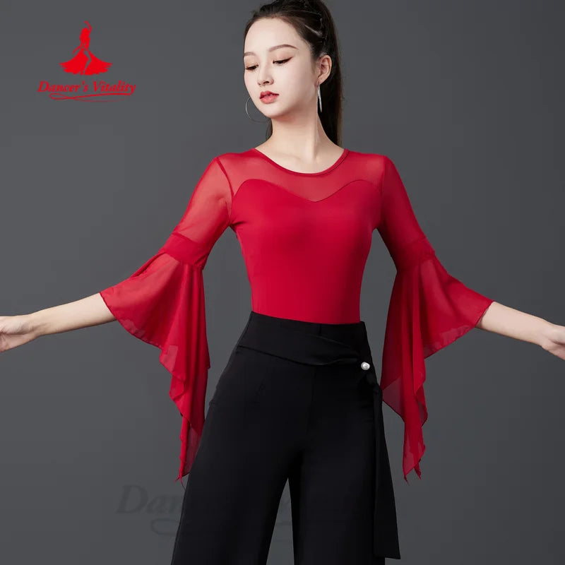 Latin Dancing Costumes Women's Customization Comfortable and Slimming Flared Sleeve Top Chacha Tango Rumba Practice Clothes