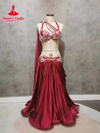 Pre Sale Luxury Women Oriental Dance Performance Costume Red Bellydance Show Wear Handmade With Long Wings Sleeve Red