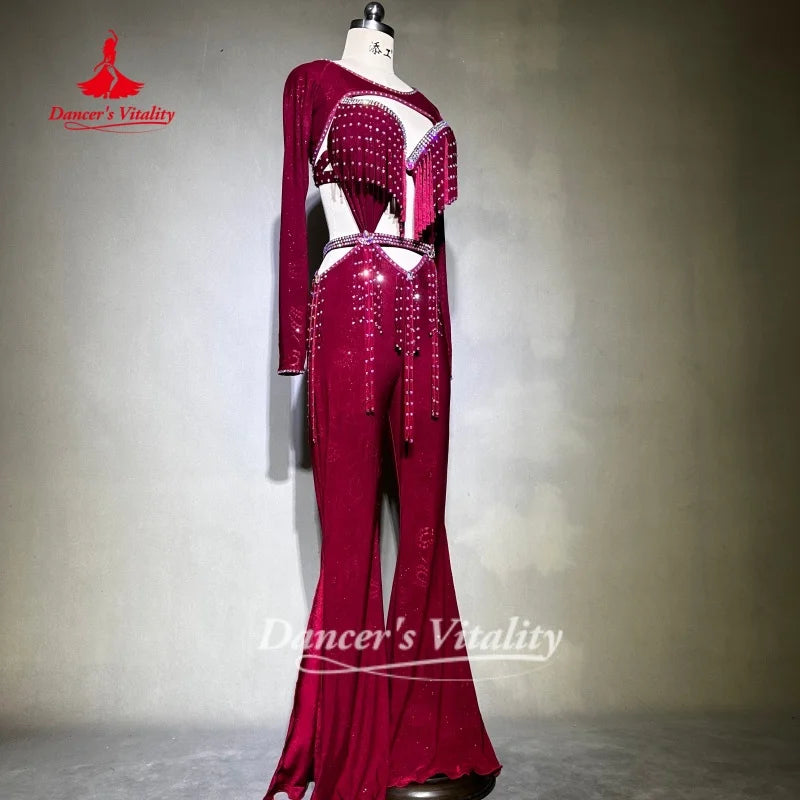 Belly Dance Costumes for Women's Customized Shoulder Sleeves+Bra+Pants 3pcs Competition Performance Clothing Dance's Vitality