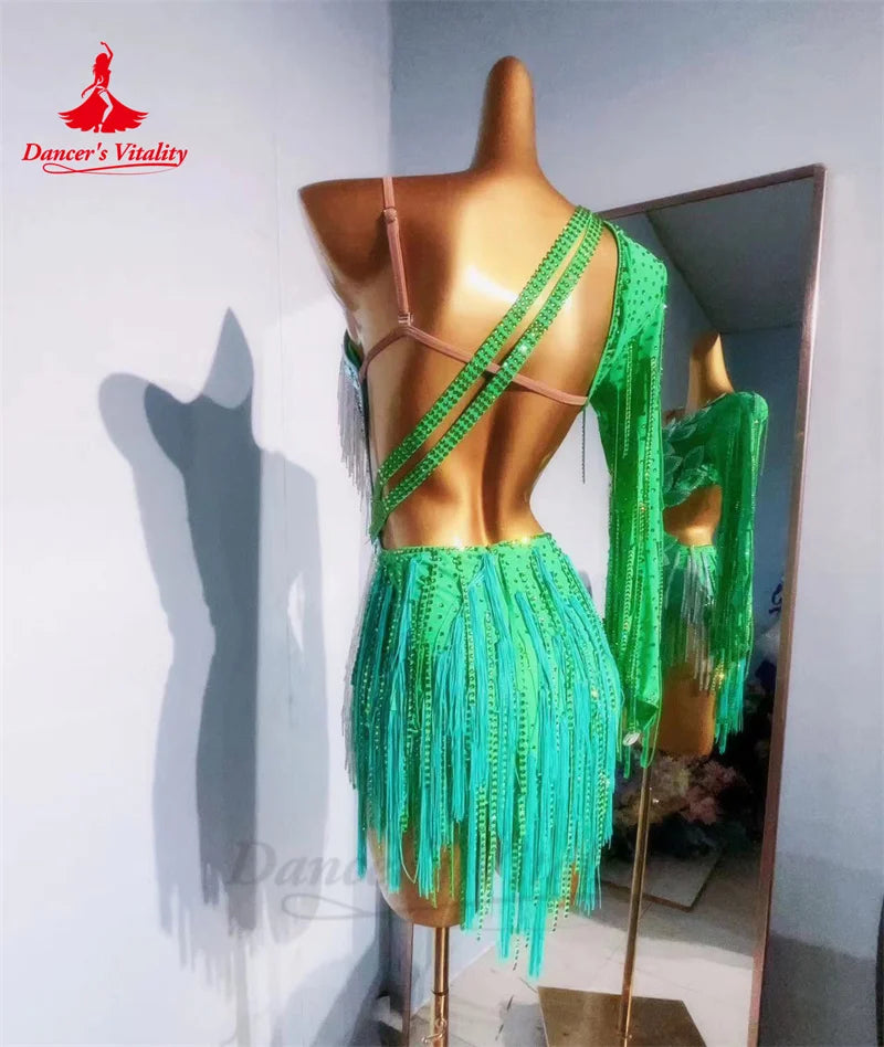 Latin Dance Performance Fringe Dress for Women Senior AB Stones Rumba Chacha Tango Competiton Costume Adult Child Latin Dresses