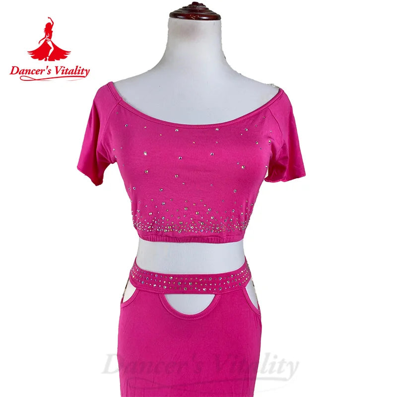 BellyDance Costume Customized Rhinestone Short Sleeved Top+Sexy Hip Wrap Long Skirt 2pcs Oriental Dance Performance Costumes