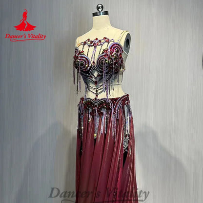 BellyDance Costume Advanced Rhinestone Bra+Tassel Split Long Skirt 2ps Customized Adult Children Oriental Dance Performance Set